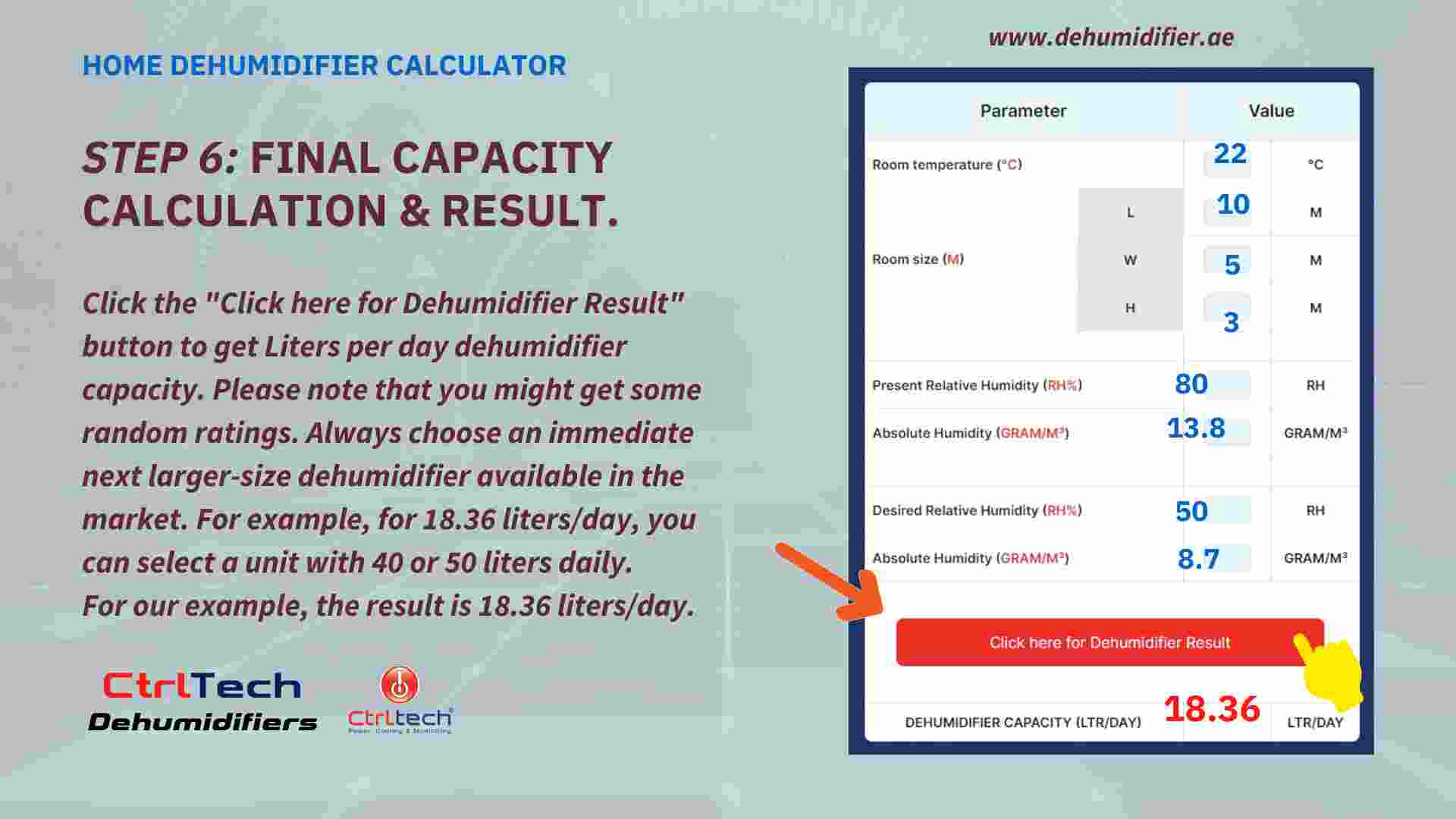 Step 6 - dehumidifier calculation and result